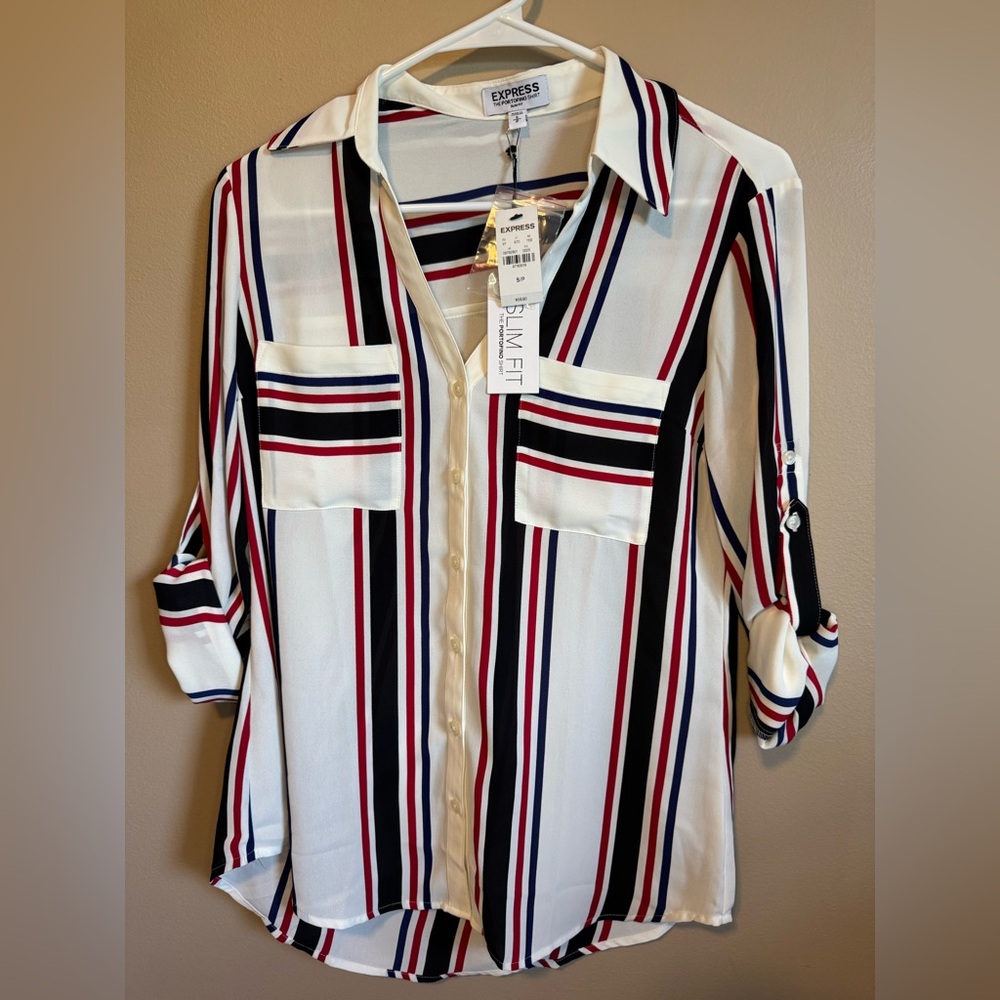 Express Women's Striped Blouse - White, Black, Red, Blue